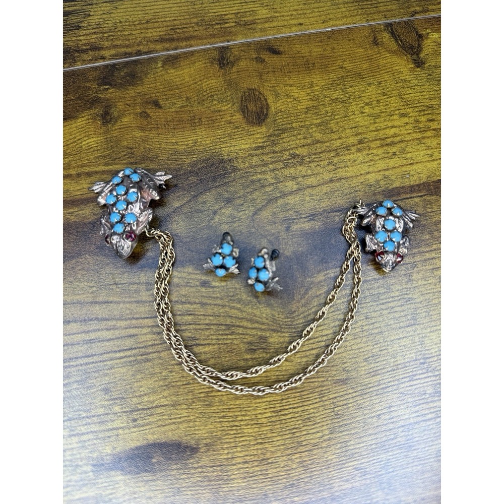 Vintage Sterling Silver Frog Double Brooch Turquoise Red Eyes Earrings